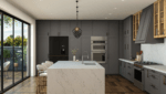 gray kitchen with waterfall island, and accent brown cabinets.