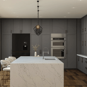gray kitchen with waterfall island, and accent brown cabinets.