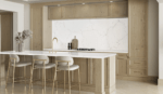 Kitchen with brown tone cabinets, and myora quartz slab island and backsplash