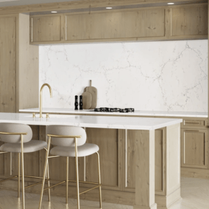 Kitchen with brown tone cabinets, and myora quartz slab island and backsplash